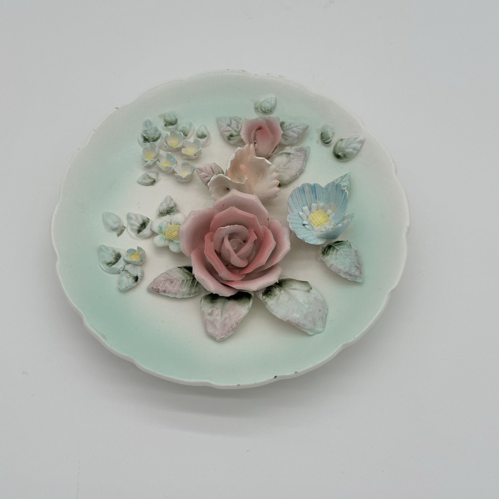 Lefton Floral Wall Plaque Plate Vintage Japan 3D Roses‎ Pastel Green